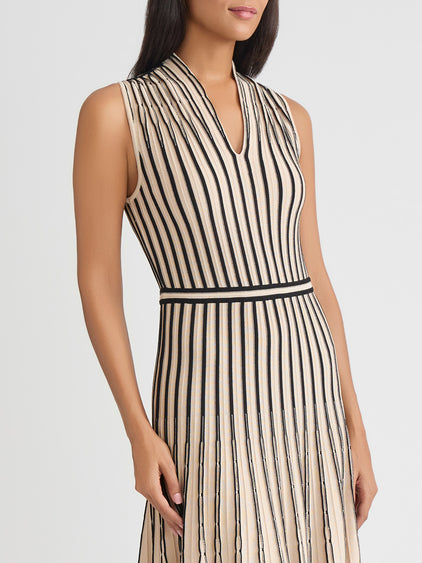 Misook Striped V-neck Ribbed Knit Dress - Biscotti/Black Misook Striped V-neck Ribbed Knit Dress - Biscotti/Black
