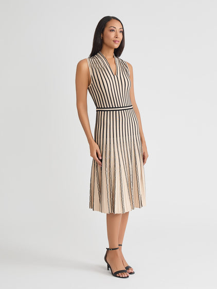 Misook Striped V-neck Ribbed Knit Dress - Biscotti/Black Misook Striped V-neck Ribbed Knit Dress - Biscotti/Black