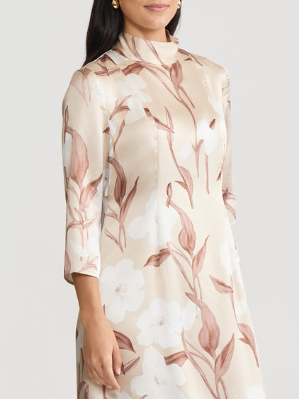 A-Line Floral Print Silk Midi Dress Biscotti/Charmeuse/White / XXL A-Line Floral Print Silk Midi Dress Biscotti/Charmeuse/White / XXL