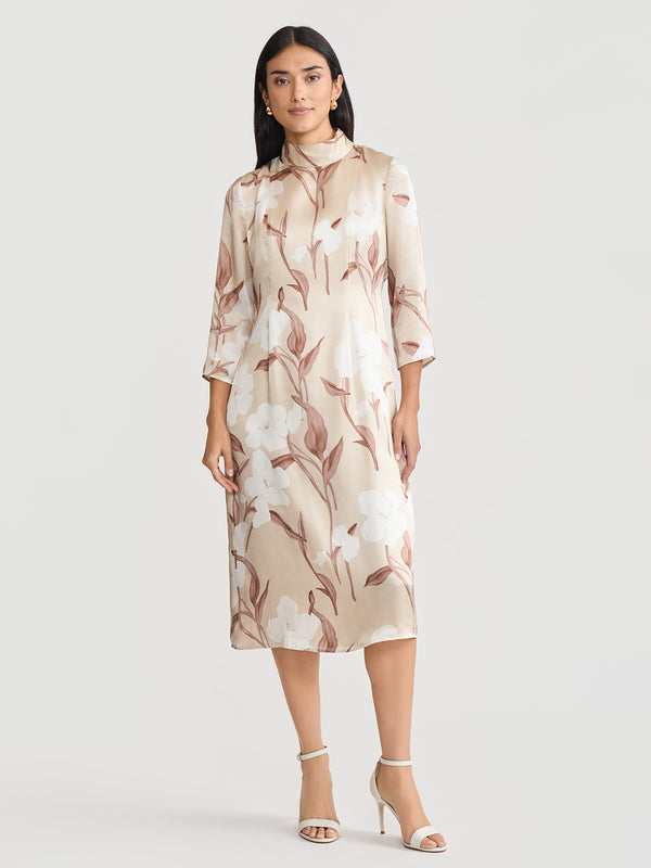 midi dress silk A-Line Floral Print Silk Midi Dress