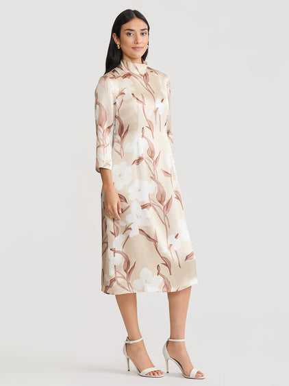 midi silk dress long sleeve A-Line Floral Print Silk Midi Dress Biscotti/Charmeuse/White / XXL