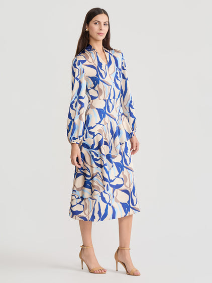 Fit & Flare Printed Crepe de Chine Ruffle Maxi Dress