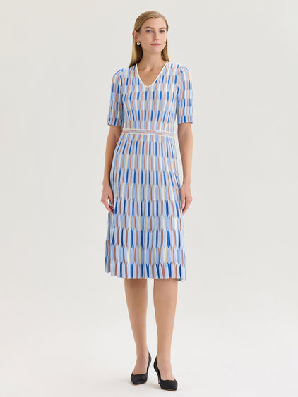 Fit & Flare Geometric Soft Knit Midi Dress Biscotti/Aegean Blue/Powder Blue/Charmeuse / S Fit & Flare Geometric Soft Knit Midi Dress Biscotti/Aegean Blue/Powder Blue/Charmeuse / S