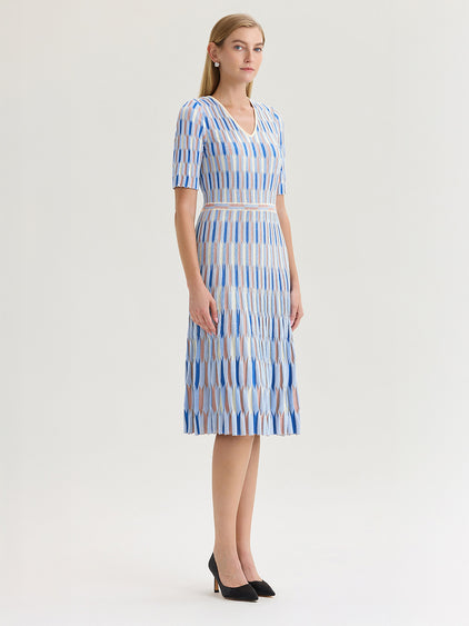 Fit & Flare Geometric Soft Knit Midi Dress Biscotti/Aegean Blue/Powder Blue/Charmeuse / S Fit & Flare Geometric Soft Knit Midi Dress Biscotti/Aegean Blue/Powder Blue/Charmeuse / S