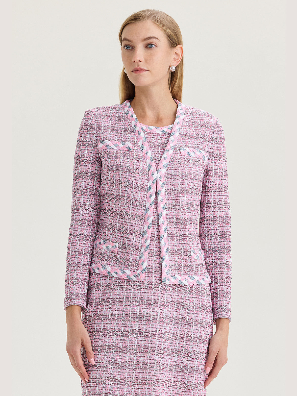Tailored Braided Trim Tweed Knit Jacket