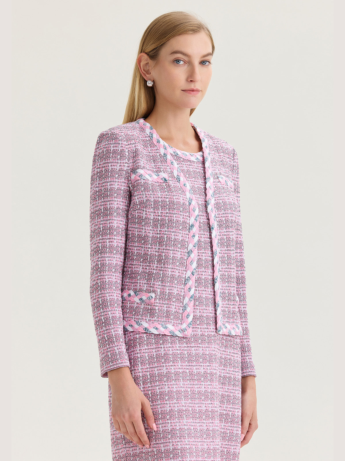 THEREDTHREAD jersey jacket lace pink 美品 Tailored Braided Trim Tweed Knit Jacket