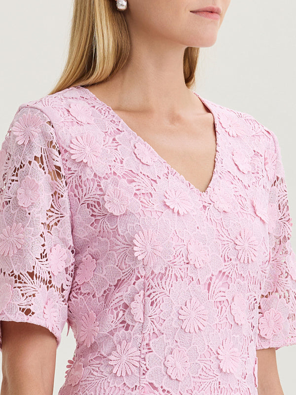 Lined Floral Lace Applique Woven Midi Dress