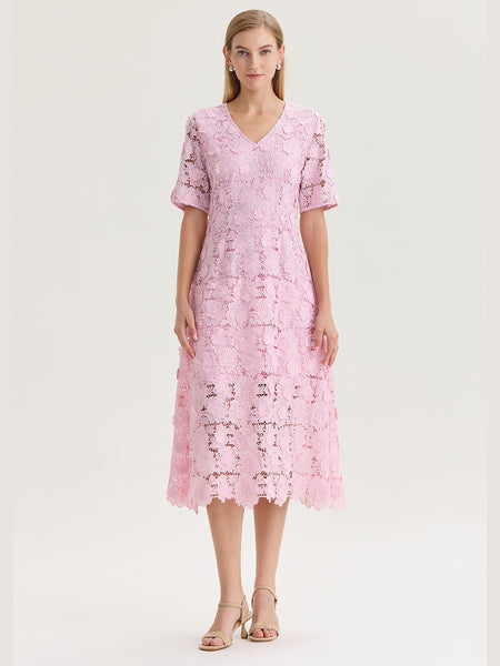 Lined Floral Lace Applique Woven Midi Dress Cherry Blossom / XXL