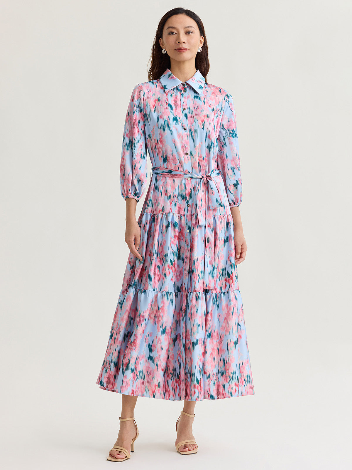 Printed Floral Crepe de Chine Tiered Maxi Dress