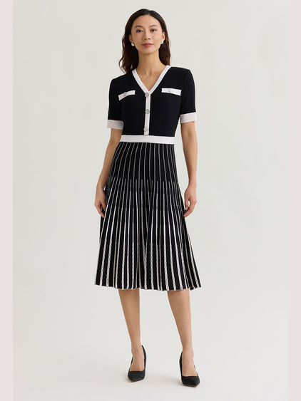 Fit & Flare Two-Tone Soft Knit Midi Dress Black/White / XXL