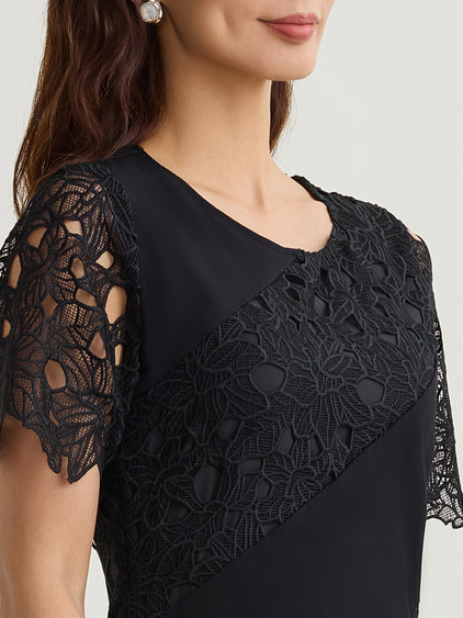 Fit & Flare Lined Laced Mixed Media Midi Dress