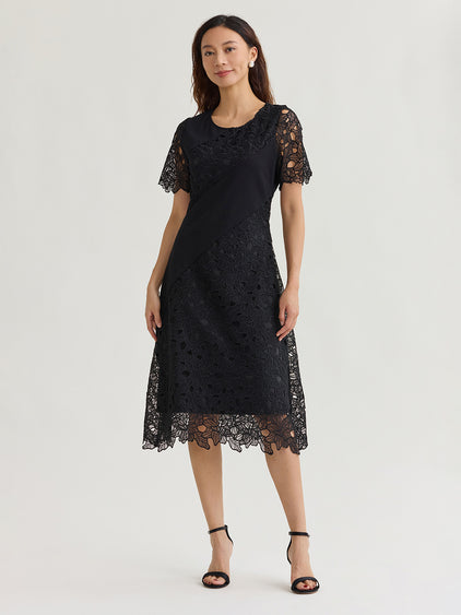 Misook Woven Mixed Media Midi Dress - Black Misook Woven Mixed Media Midi Dress - Black