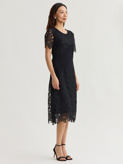 Fit & Flare Lined Laced Mixed Media Midi Dress