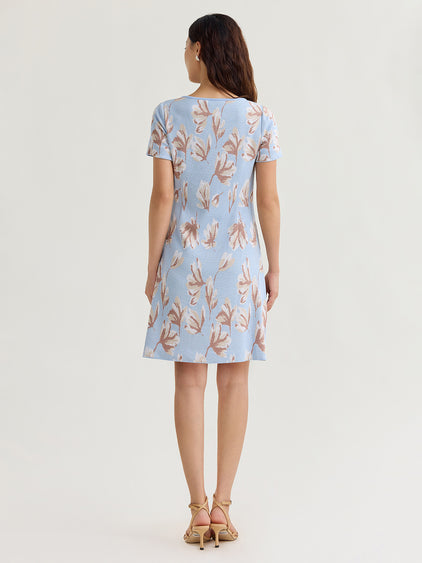 A-Line Floral Soft Knit Dress Tranquil Blue/Charmeuse/Biscotti/White / S