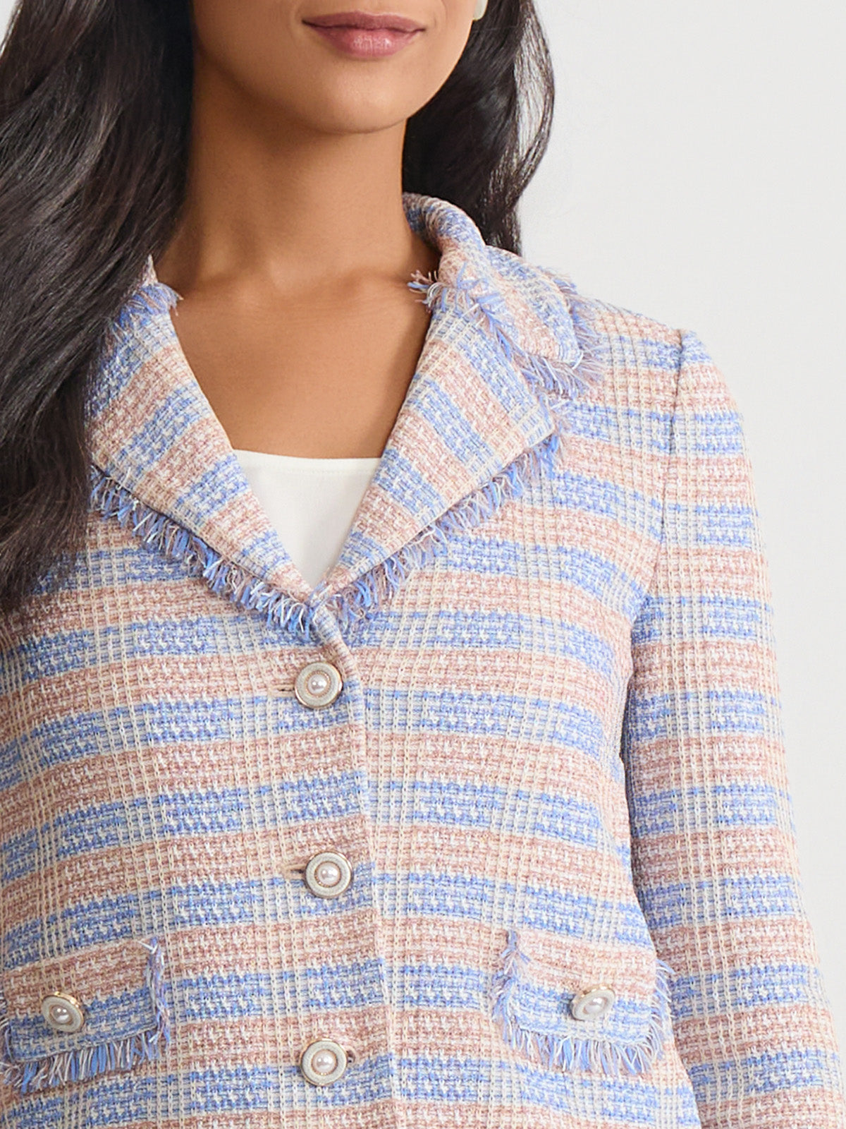Relaxed Plaid Fringe Trim Knit Jacket