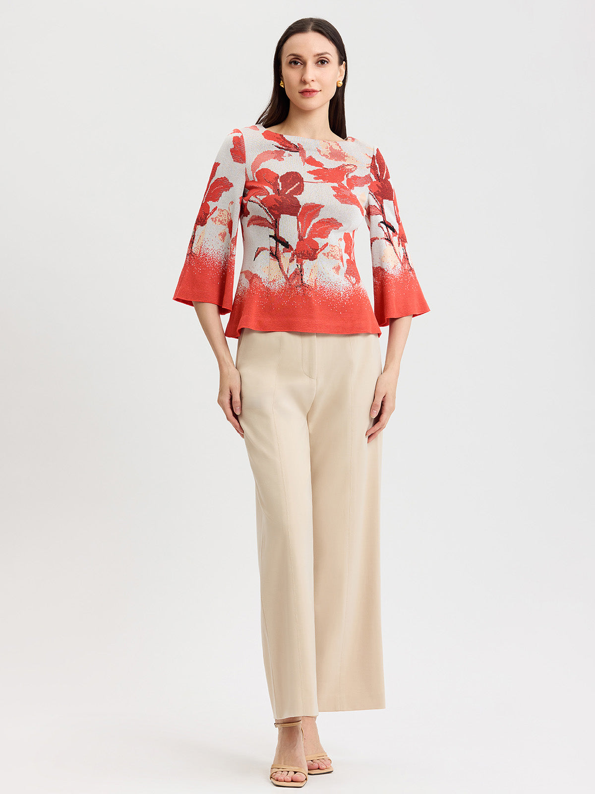 Floral Jacquard Bell Sleeve Soft Knit Top