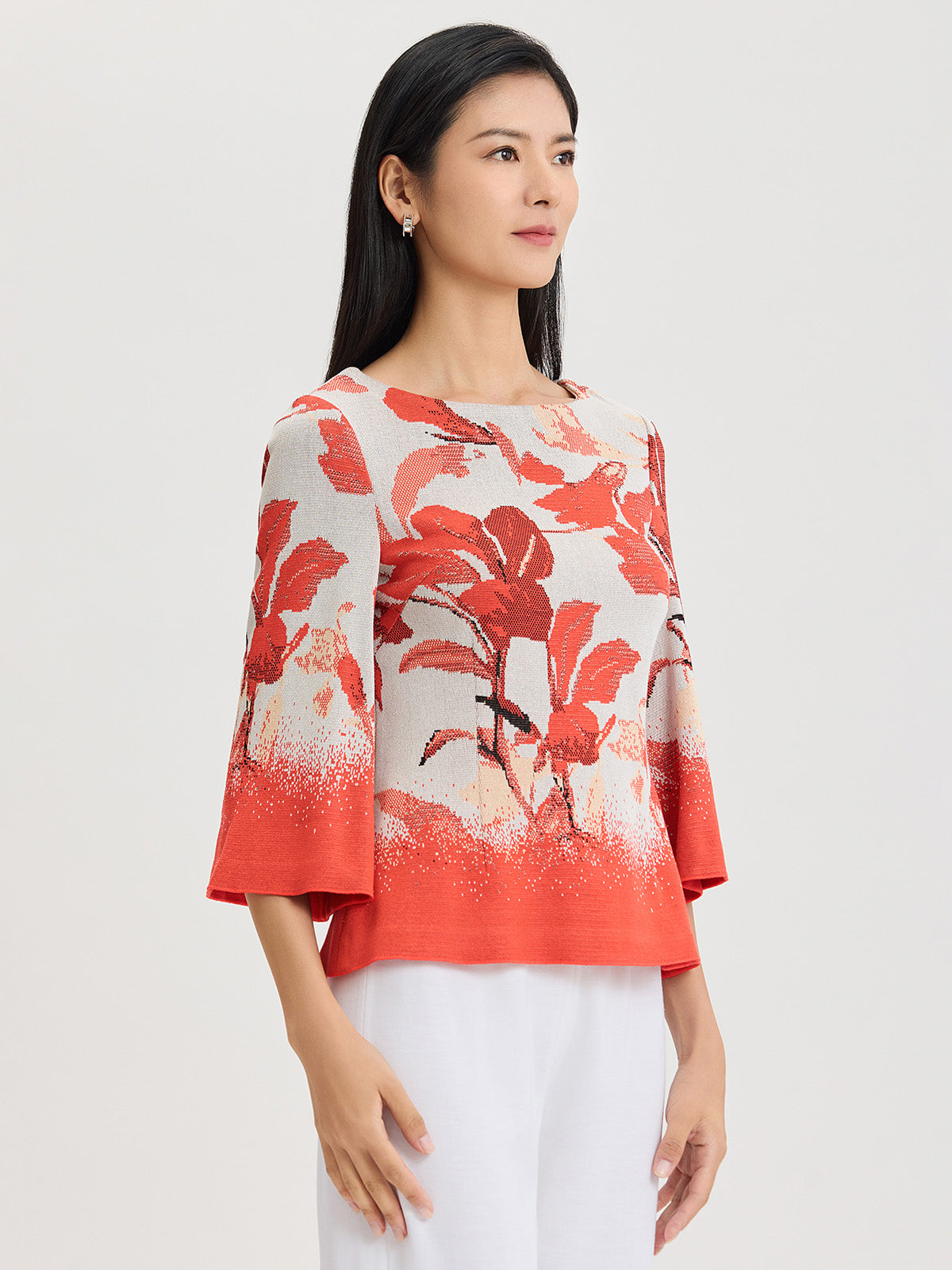 Floral Jacquard Bell Sleeve Soft Knit Top