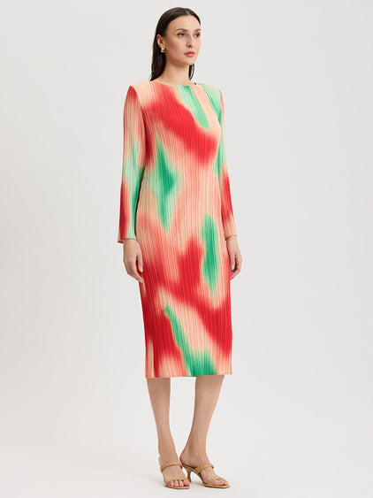 crepe midi dress with sleeves Micro Pleated Print Crepe Midi Dress