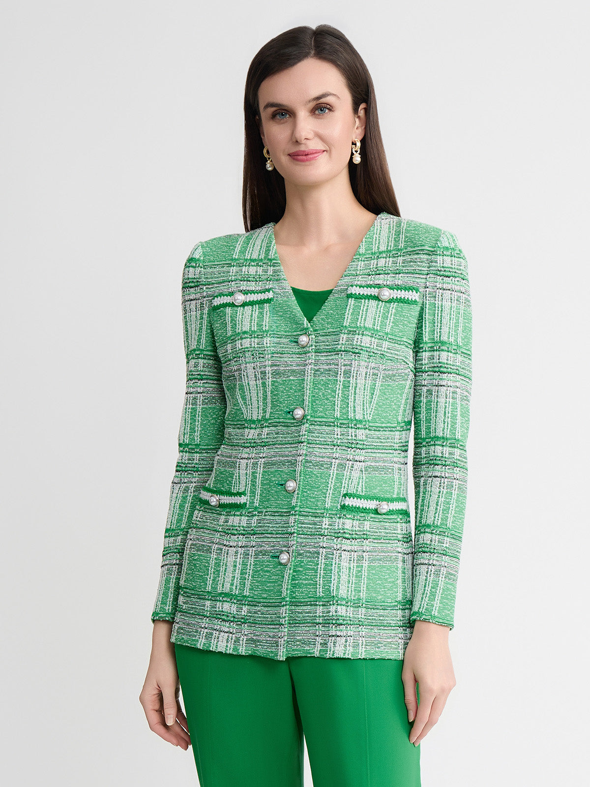Tailored Crochet Trim Plaid Knit Jacket