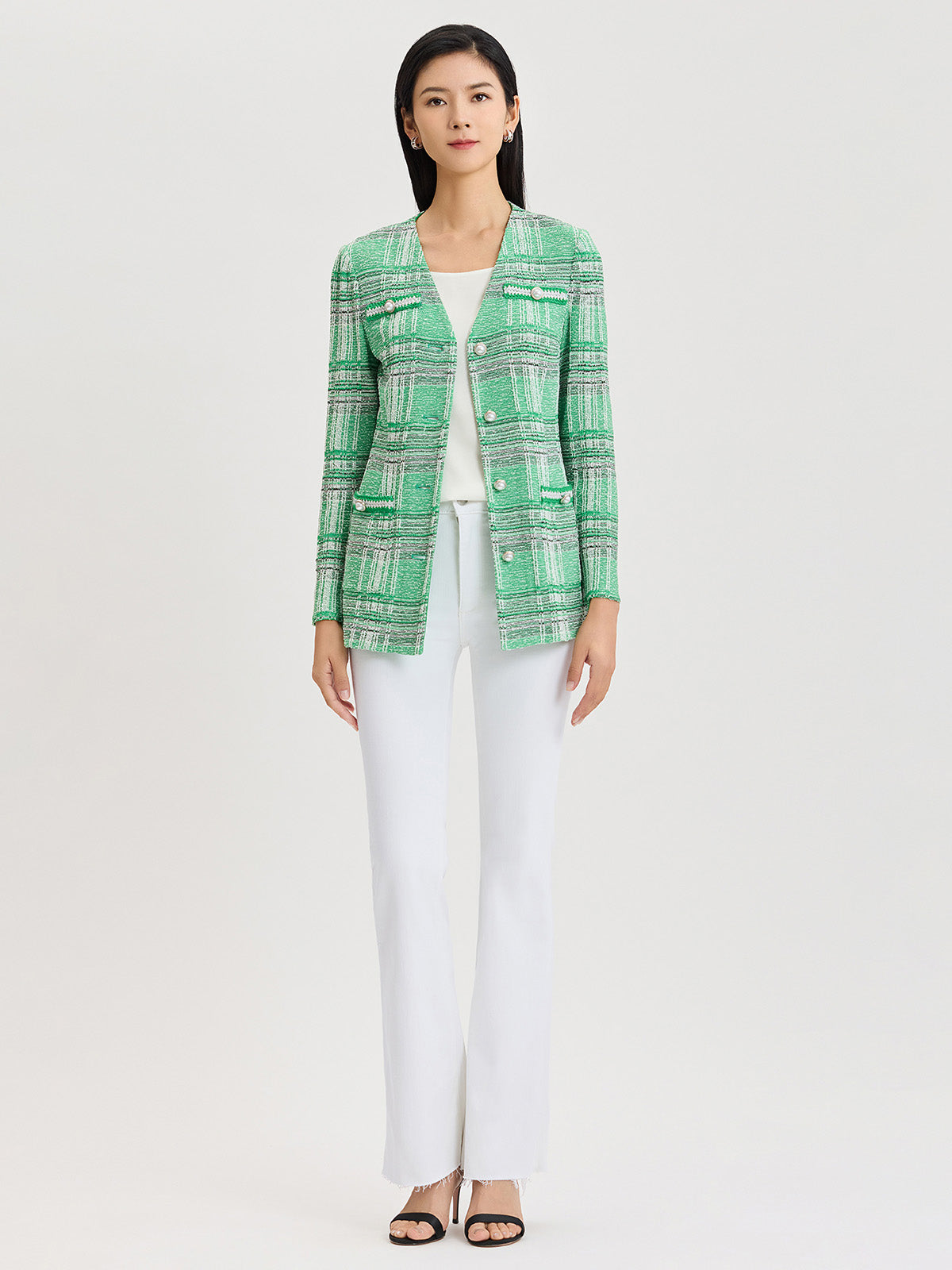 Tailored Crochet Trim Plaid Knit Jacket