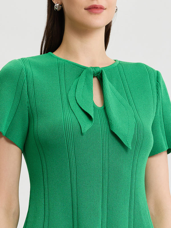 Tonal Faux Tie Neck Soft Ribbed Knit Top