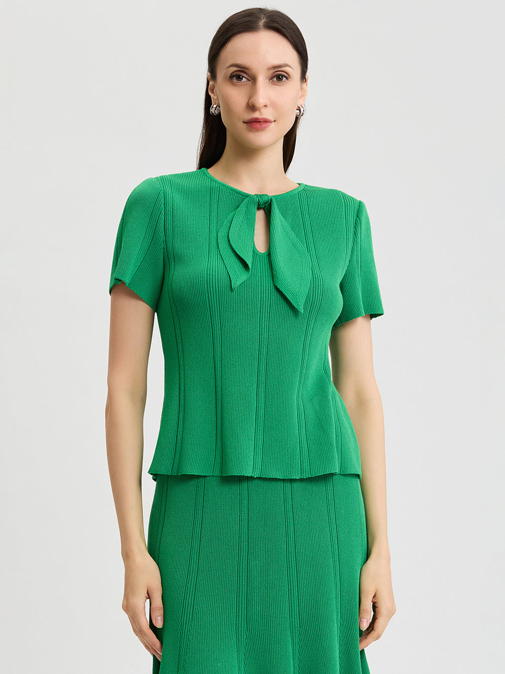 トップス Ribbon knit top / GREEN Tonal Faux Tie Neck Soft Ribbed Knit Top