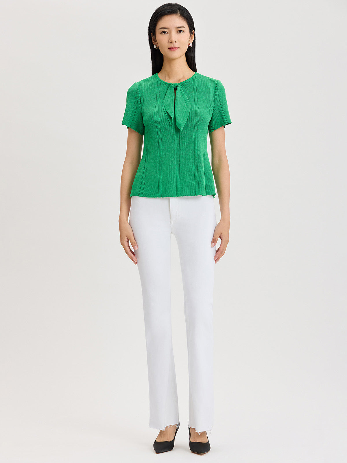 Tonal Faux Tie Neck Soft Ribbed Knit Top