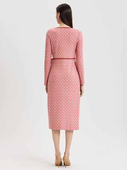 knit faux wrap dress Faux Wrap Contrast Trim Soft Knit Straight Dress Honey Suckle/Russet/Biscotti / M