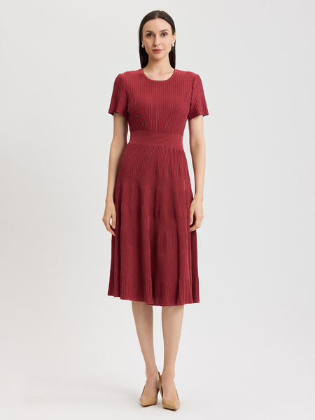 Misook Fit & Flare Tonal Ribbed Soft Knit Midi Dress - Russet
