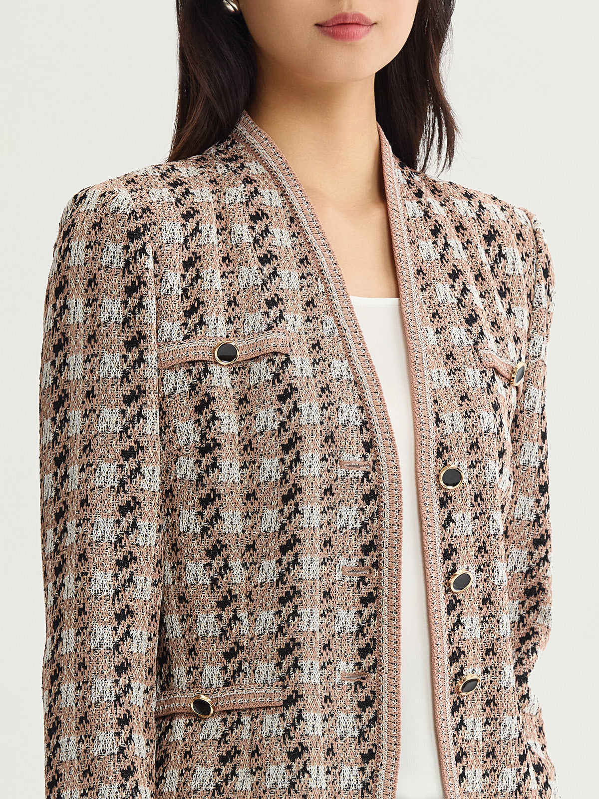 Tailored Houndstooth Tweed Knit Jacket