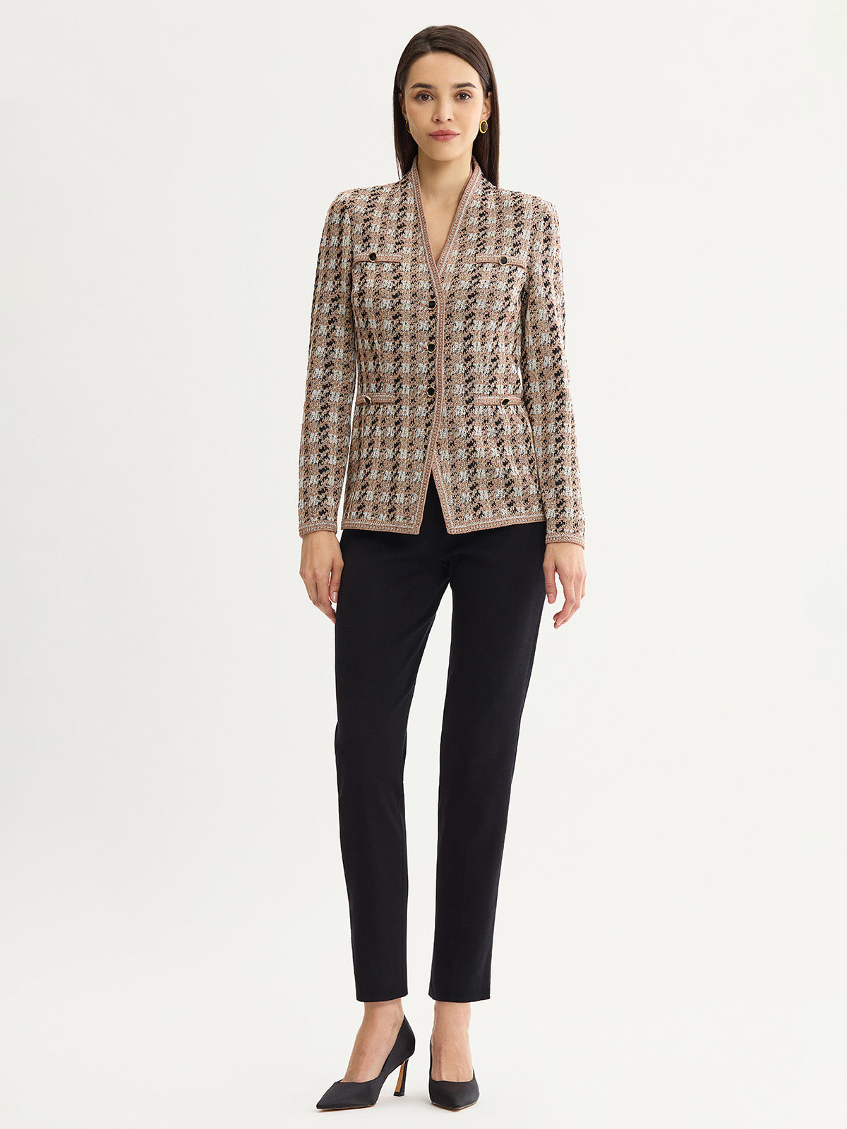Tailored Houndstooth Tweed Knit Jacket