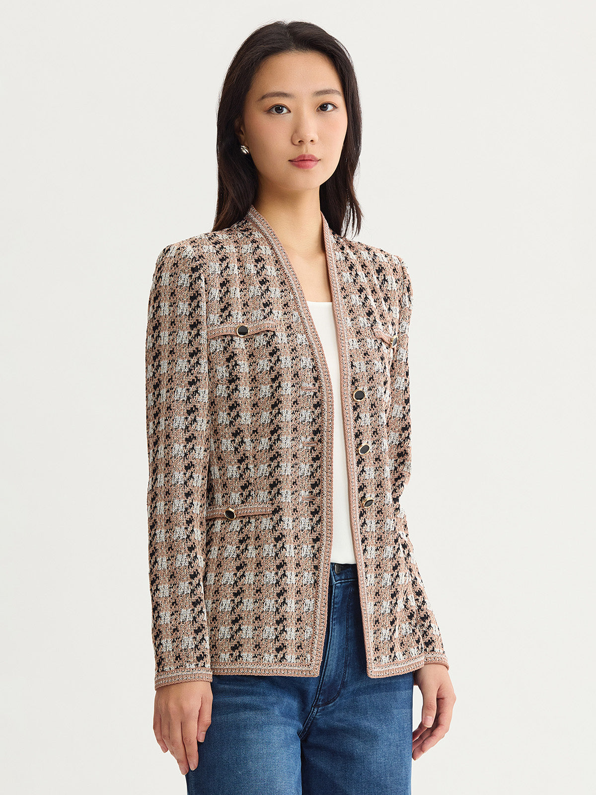 Tailored Houndstooth Tweed Knit Jacket