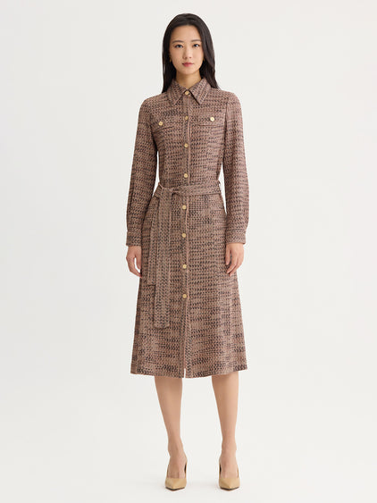 Belted Button Front Tweed Knit Midi Dress Charmeuse/Biscotti/Black / S