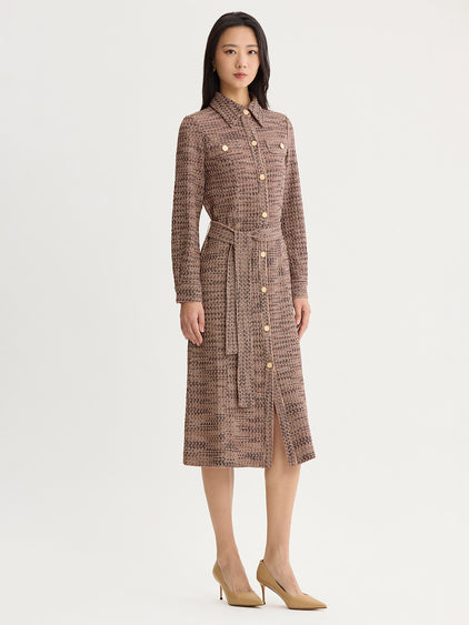 Belted Button Front Tweed Knit Midi Dress