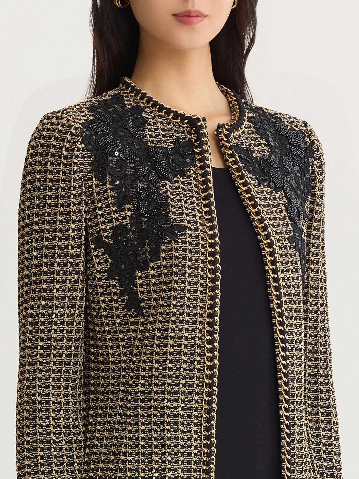 Tailored Lace Applique Lurex Tweed Knit Jacket