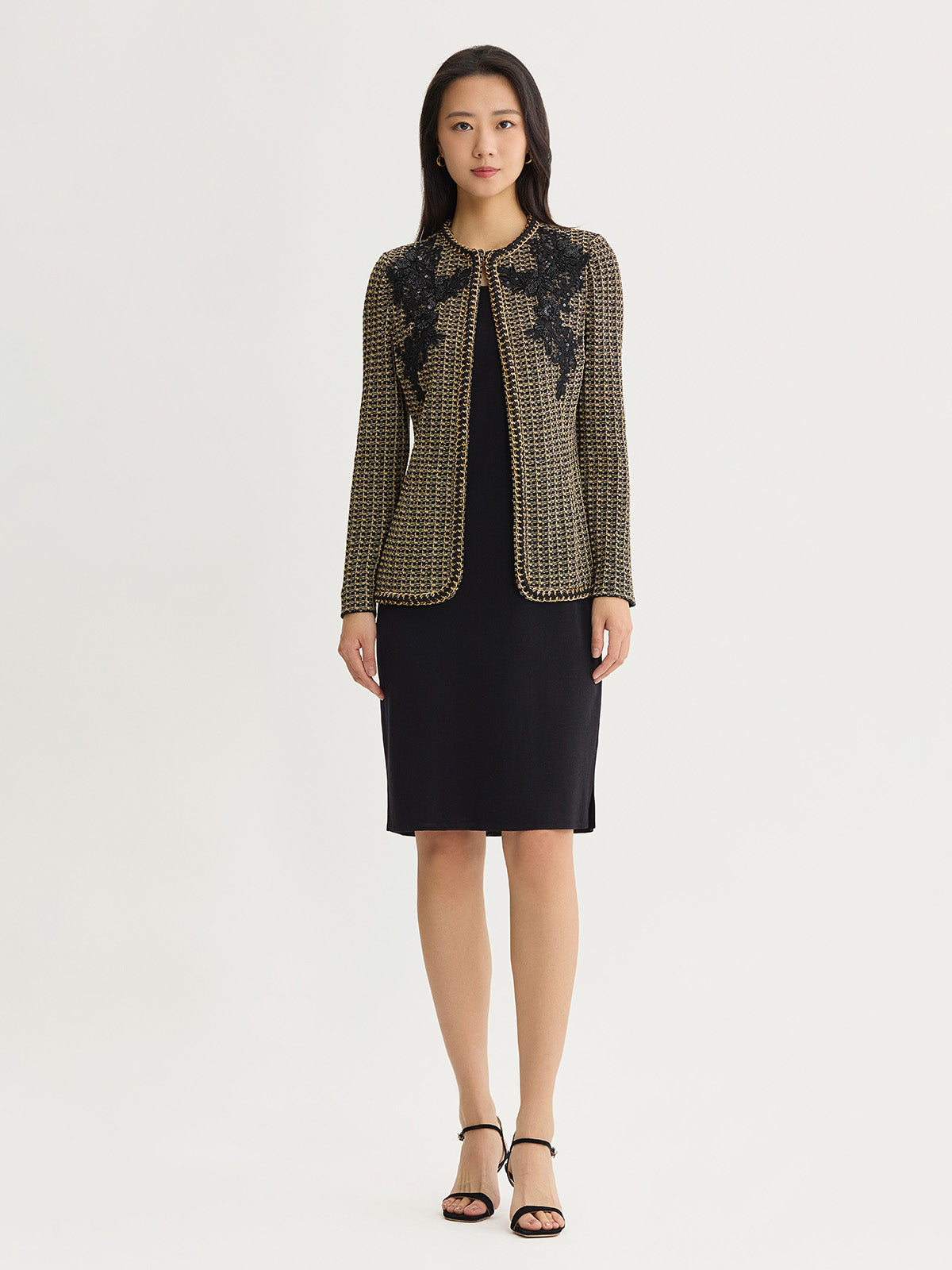 Tailored Lace Applique Lurex Tweed Knit Jacket
