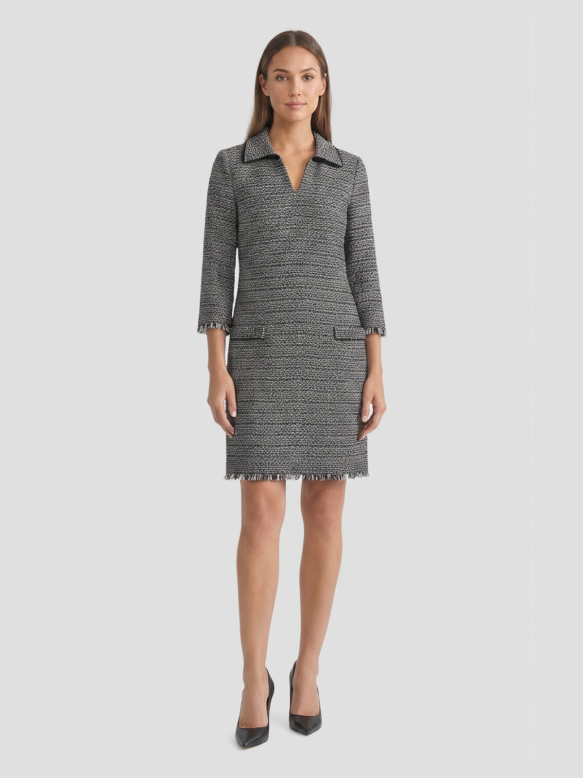 Monochrome Fringe Tweed Knit Shift Dress