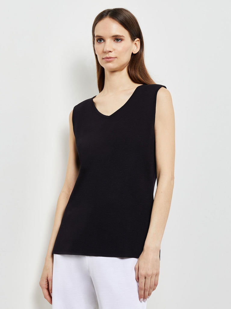 V-Neck Knit Tank Top, Black
