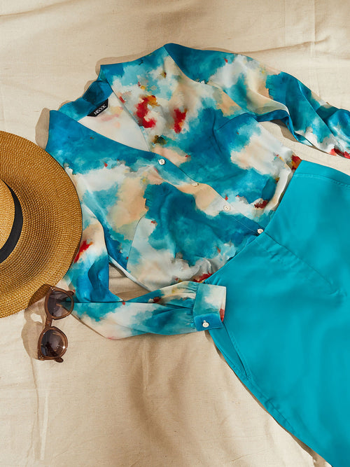 Watercolor Button-Up Crepe de Chine Blouse