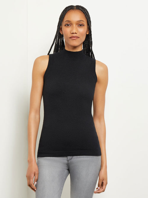 Mock Neck Cashmere Tank Top, Black, Black | Misook