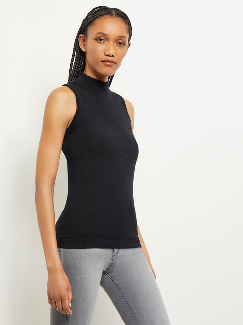 Mock Neck Cashmere Tank Top, Black, Black | Misook