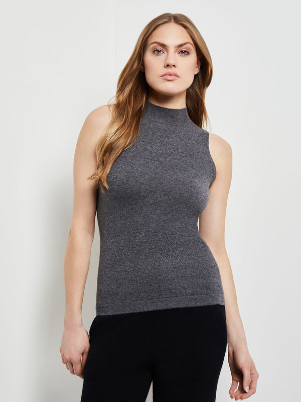 Mock Neck Cashmere Tank Top, Charcoal, Charcoal | Misook