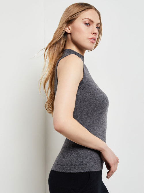 Mock Neck Cashmere Tank Top, Charcoal | Misook Premium Details