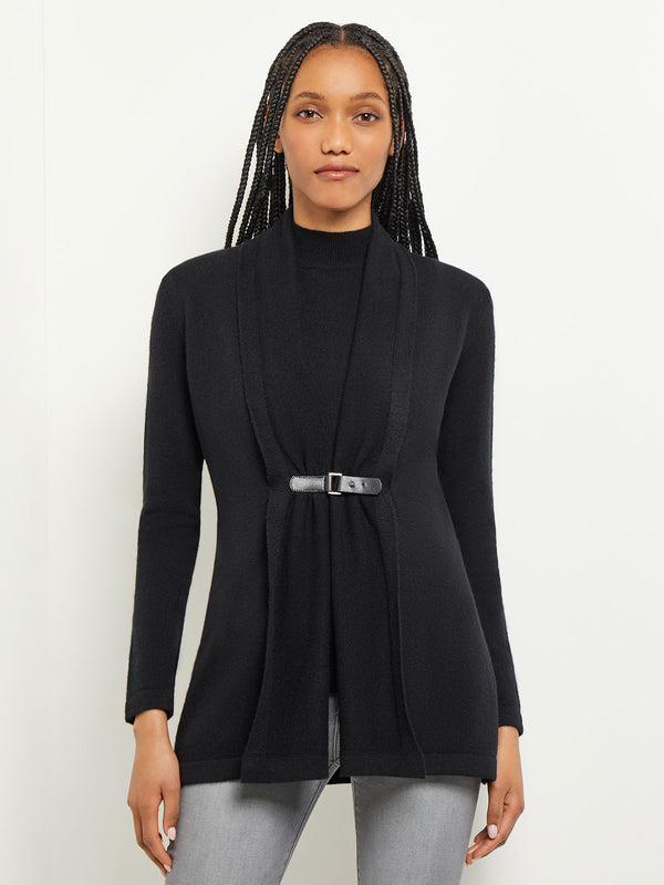 Buckle Detail Shawl Collar Cashmere Cardigan, Black, Black | Misook