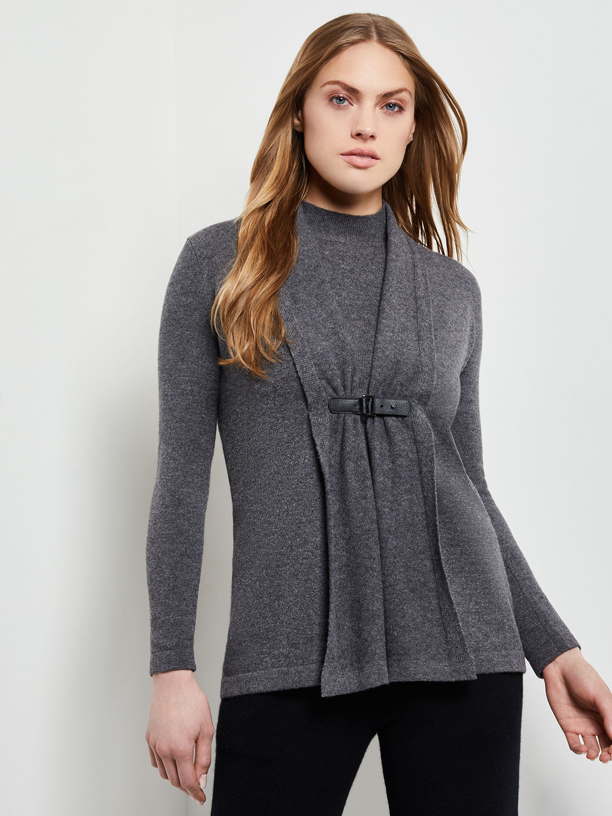 Misook Buckle Detail Shawl Collar Cashmere Cardigan Charcoal Xs