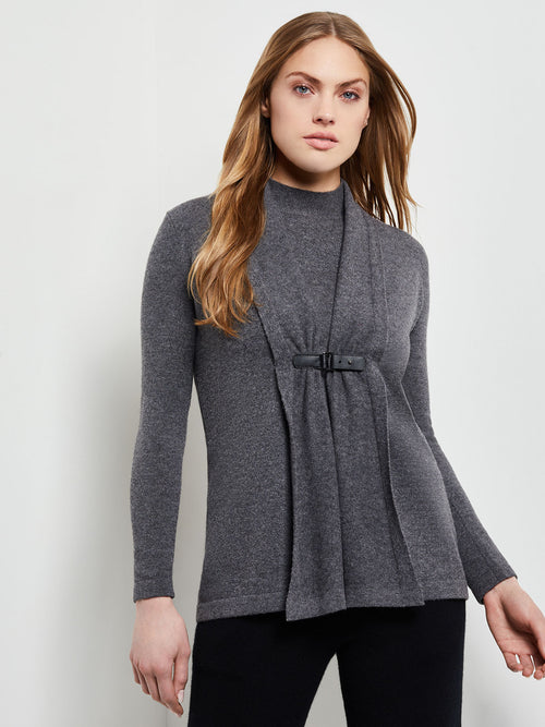 Buckle Detail Shawl Collar Cashmere Cardigan, Charcoal, Charcoal | Misook