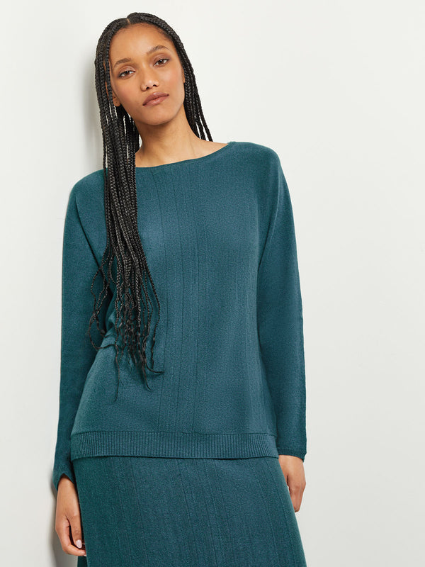 Boat Neck Textural Stripe Cashmere Tunic, Marine Teal, Marine Teal | Misook