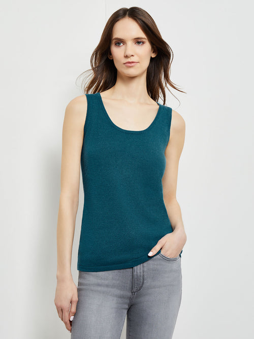 Scoop Neck Cashmere Tank Top, Marine Teal | Misook Premium Details