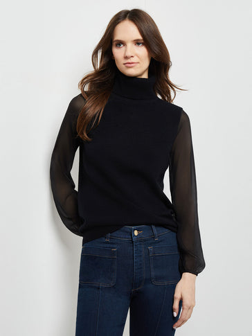 Chiffon Sleeve Cashmere Turtleneck, Black, Black | Misook