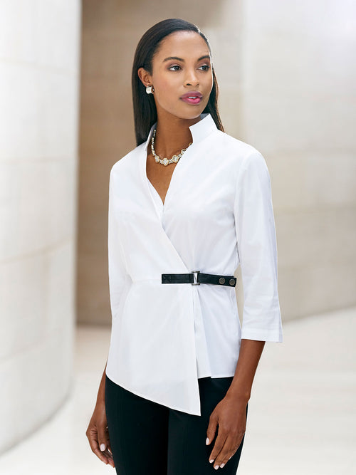 Buckle Detail Stretch Cotton Wrap Blouse, White | Misook